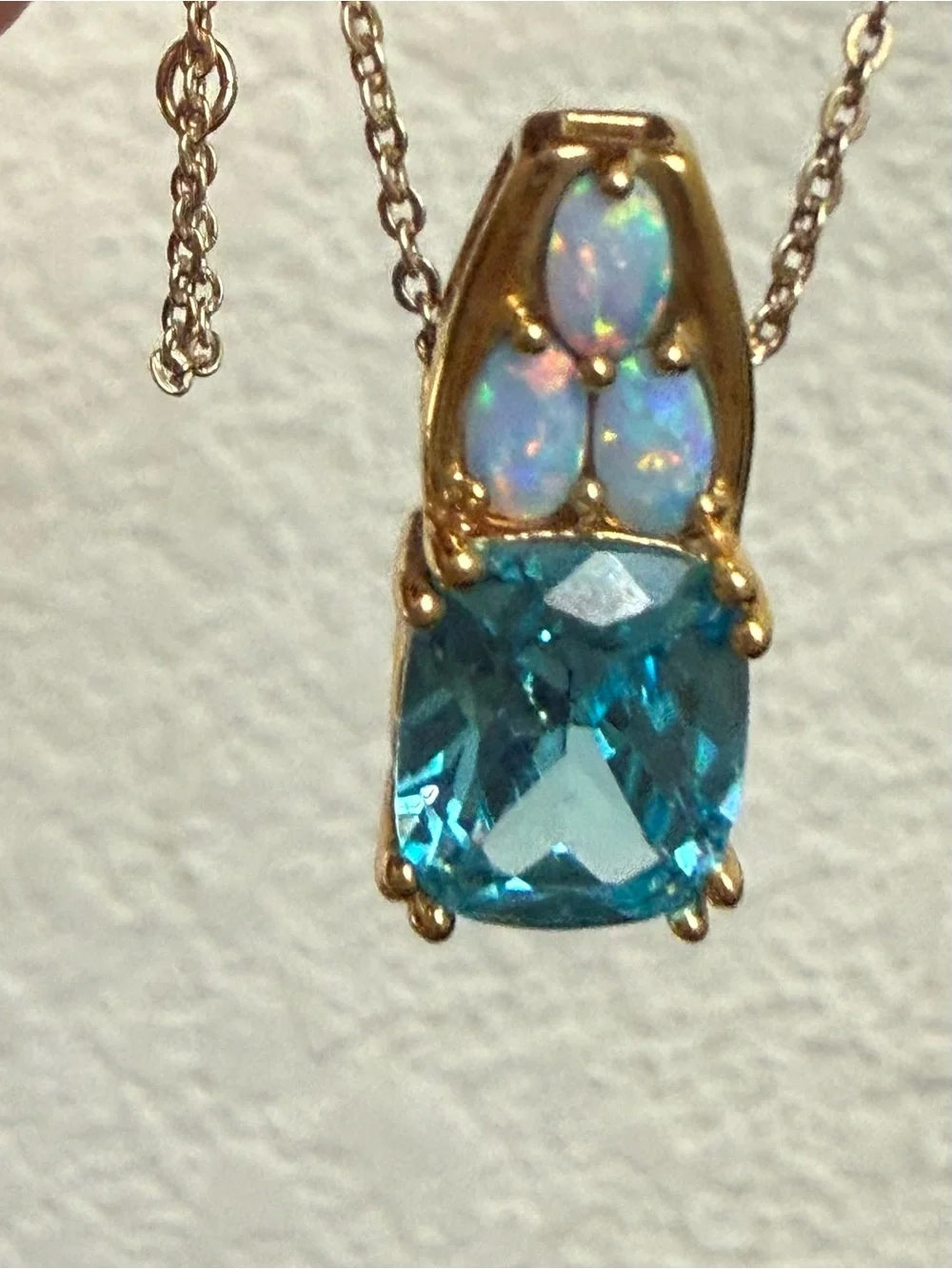 925 Sterling Gold Vermeil Cushion Cut Blue Topaz Gemstone Opal Pendant Necklace